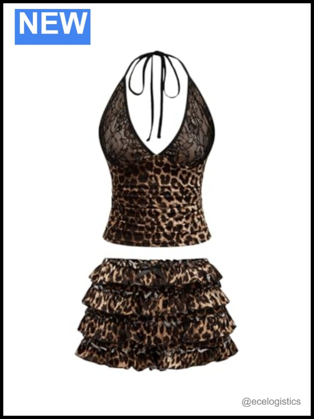 Y2K 2 Piece Cheetah Print Halter Top and Ruffle Skirt Set Medium